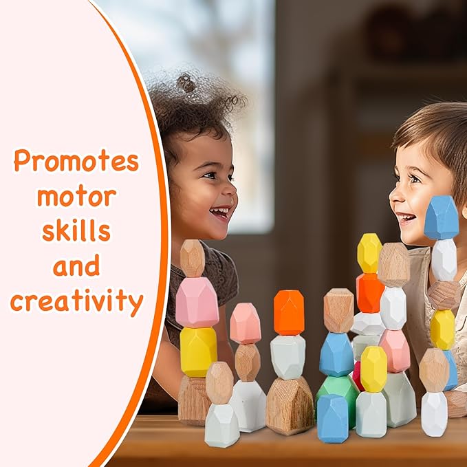 OPPA 36PCS Wooden Stacking Rocks, Montessori Sensory Toys for Toddlers, Building Rocks Stones Games,Stacking Stones for Kids Gifts