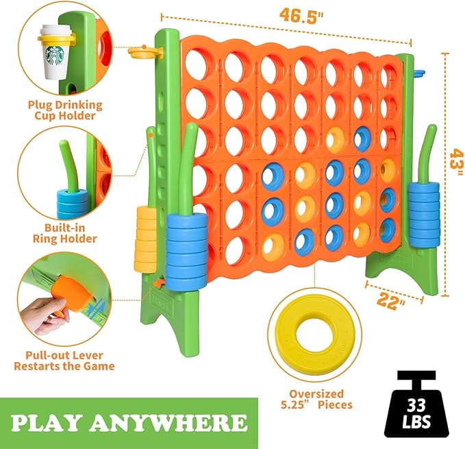 Oversized 4 in a Row Connect Game+Waterproof Carry Bag,Included-4 ft X 3.5 ft Tall,4-to-Score Jumbo with 44 Pieces Rings&Drink Holder,48” Super Size-Indoor&Outdoor Giant 4 Game for Kids&Adults