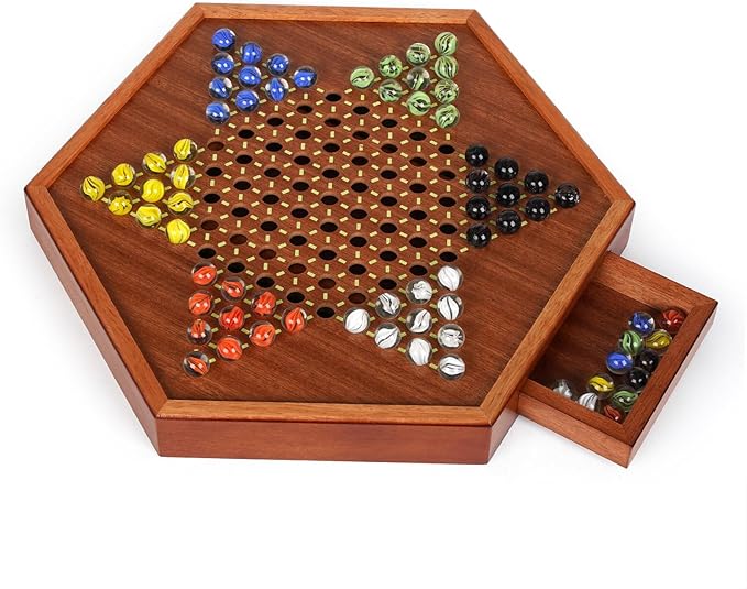 Luxurious Large 15-Inch Chinese Checkers Set - Premium Wooden Board Game for Adults and Kids with 72 Vibrant Glass Marbles, Dual-Sided Storage Drawer - Perfect for Family Strategic Game Fun Collectors