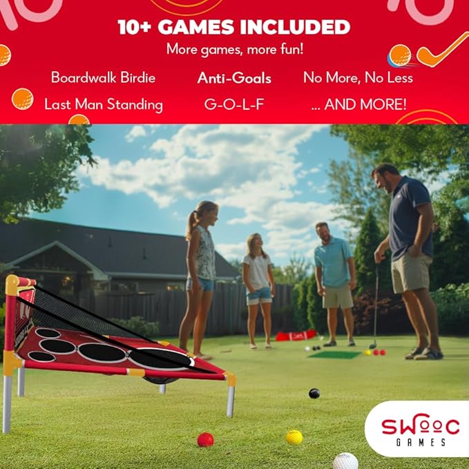 SWOOC Games - Boardwalk Birdie™ | Arcade Style Golf Game w/Easy Setup & 10+ Games Included | Golf Chipping Game | Golf Games for Adults Indoor & Outdoor | Backyard Golf Game | Golf Cornhole Game