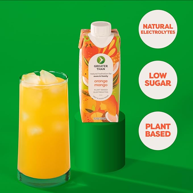 Greater Than Nutrient Hydration Beverage, Electrolyte Drink for Gut Health & Energy with Coconut Water, Vitamins, Gluten Free, Plant Based, Low Sugar, Orange Mango, 12 Pack