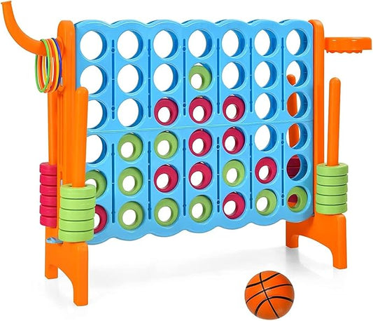 Giant 4 in a Row Connect Game, Jumbo 4 to Score Game Set w/ 42 Chess Rings, Basketball & Hoop, Toss Rings & Quick-Release Lever, Indoor & Outdoor Family Party Game for Kids & Adults