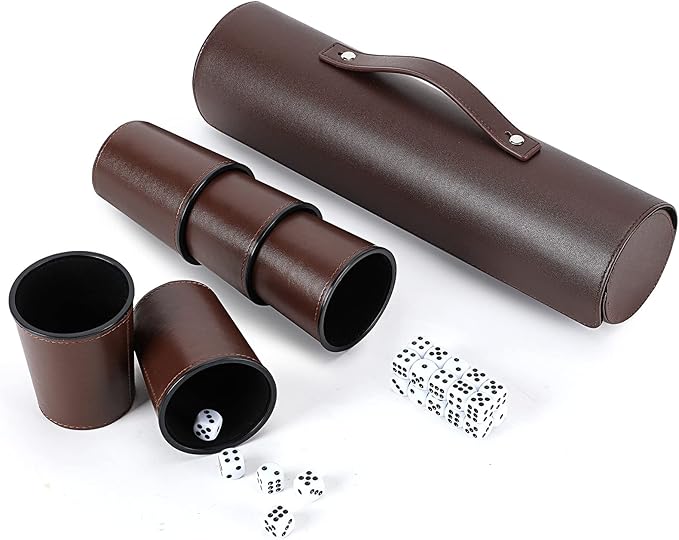 Party Games Leather Dice Cup Set, 5 Black Dices Cups + 25 Dice + Exclusive Storage and Transport Case Made of Faux
