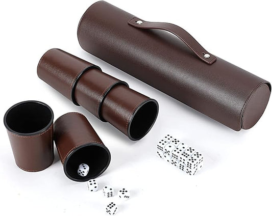Party Games Leather Dice Cup Set, 5 Black Dices Cups + 25 Dice + Exclusive Storage and Transport Case Made of Faux