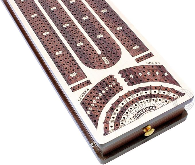 Continuous Cribbage Board/Box Inlaid in Maple/Rosewood : 4 Track - Side Drawers with Score Marking Fields for Skunks, Corners and Won Games
