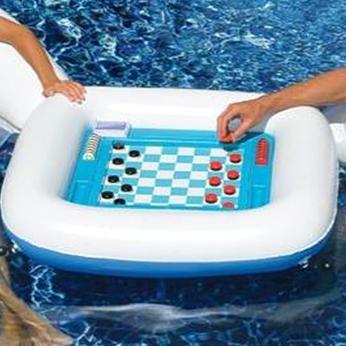 SWIMLINE ORIGINAL Inflatable Game Table Station With Waterproof Playing Cards & Two Inflatable Sling Chairs W/ CupHolders | Double Sided Game Set | Poker & Card Games | Chess & Checkers