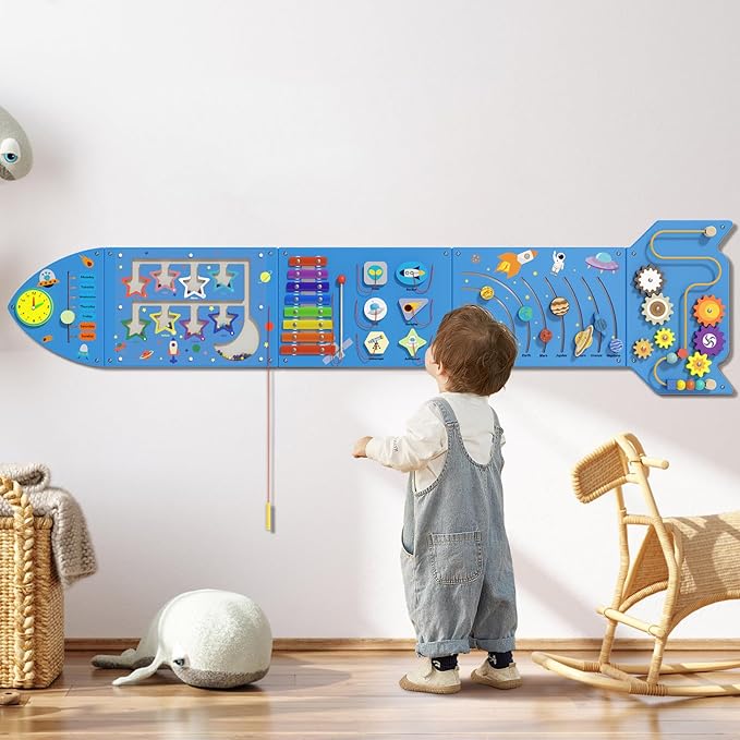 Rocket Sensory Wall Panel - Montessori Toddler Activity Cube, Blue