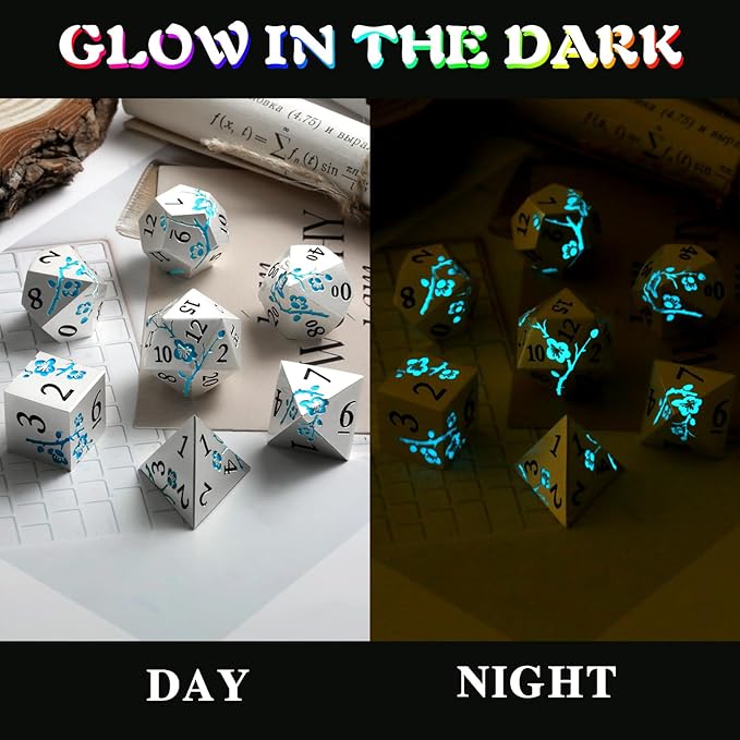 Glow in The Dark Flower Metal Dice, DNDND 7 PCS Blue Metallic D&D Dice Set with Gorgeous Gift Case for Dungeons and Dragon Tabletop Game (Glow in The Dark Blue)