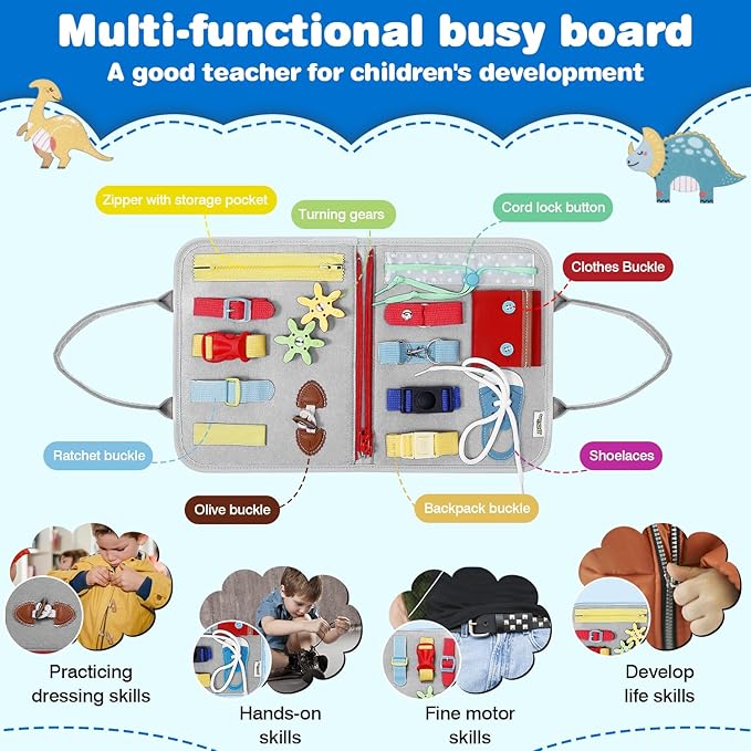 Busy Board Montessori Toys for Aged 1 2 3 4 Boy & Girl Birthday Gifts, Autism Sensory Travel Toys for Toddlers, Educational Activity Sensory Board Preschool Learning Fine Motor Skills Toys, Gray