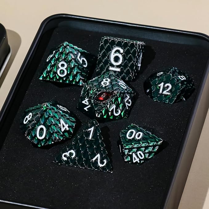 Metal Dice Set D&D,7 PCS Dragon Scale Metallic DND Dice Set,Dragon Eye Metal Dice with Grogeous Gift Case for Dungeons and Dragon Tabletop Game (Dark Green Dragon Scale & Red Eye)