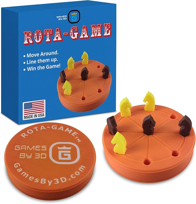 ROTA Game, Tic-Tac-Toe Game with Never a Tie, A Winner in Every Round, Ancient Roman Strategy Game, Portable 4" Board, Pockets or Purse-Size, with Horse Pieces, Made in USA (Orange)
