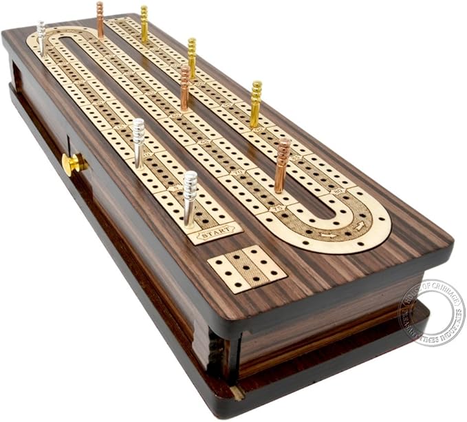 Continuous Cribbage Board/Box Inlaid in Rosewood/Maple 12" - 3 Tracks - Sliding Lid Drawer