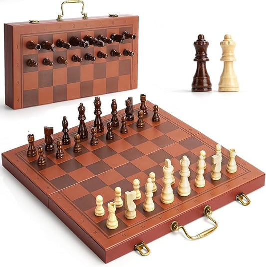 Magnetic Chess Set 15.5 Inch Chess Boards for Adults & Kids, Leather & Wooden Folding Board with Handmade Wood Pieces, Travel Chess Sets Game with Portable Handle for Beginners Professionals