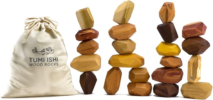 22 Piece Natural Wooden Balancing Block Set - Sensory Educational Natural Wood Toy Stacking Game - Mixed Wood Species - USA Made - Jojoba Oil and Beeswax Finish - Wood Stone Building Blocks