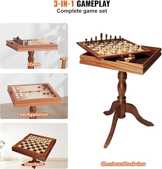 VEVOR 3-in-1 Chess Checkers Backgammon Table Set, 18 Inch Premium Wooden Chess Table, Deluxe Combo Game Table Furniture Set, Chess Set Board Game Gift for Family Board Games