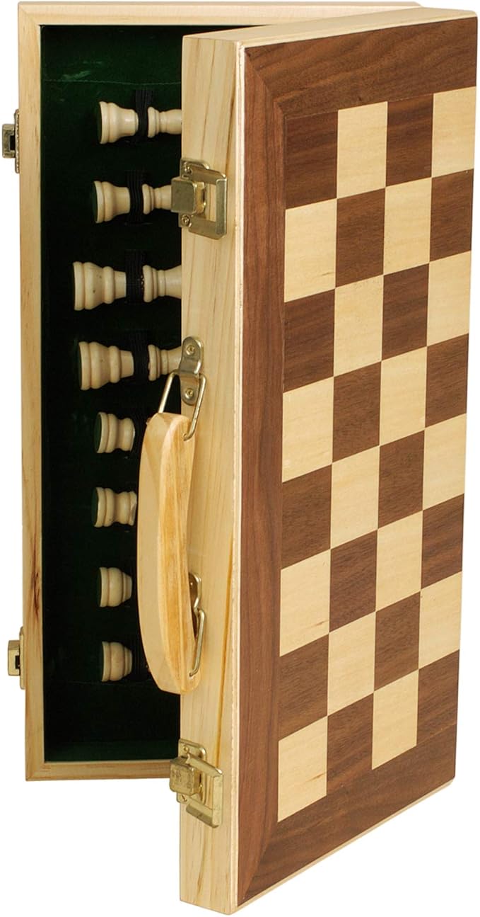 Sterling Games 16" Solid Wooden Chess Set Travel Folding Board with Brass Locks and Felted Interior Storage with Piece Holders