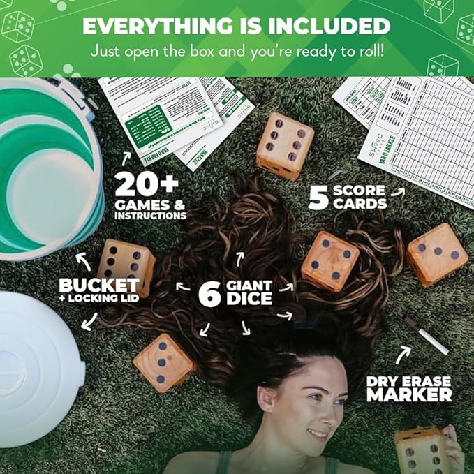 SWOOC Games - Yardzee, Farkle, & 20+ Giant Dice Games - Yard Dice (All Weather) w/Bucket, Scorecards, & Marker - Giant Outdoor Games - Giant Yard Games for Adults - Big Dice Jumbo Dice - Large Dice