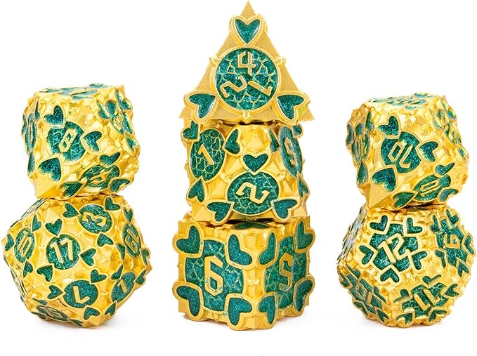DND Metal Dice 7pcs D&D Dice Set with Beautiful Gift Box Suitable for Dungeons and Dragons MTR PRG Tabletop Games (Gold-Green)