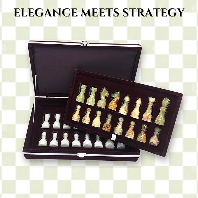 Handcrafted Premium Marble Chess Pieces Set – Elegant 32-Piece Replacement for 12-15 Inch Chess Boards Storage Box (White and Green)