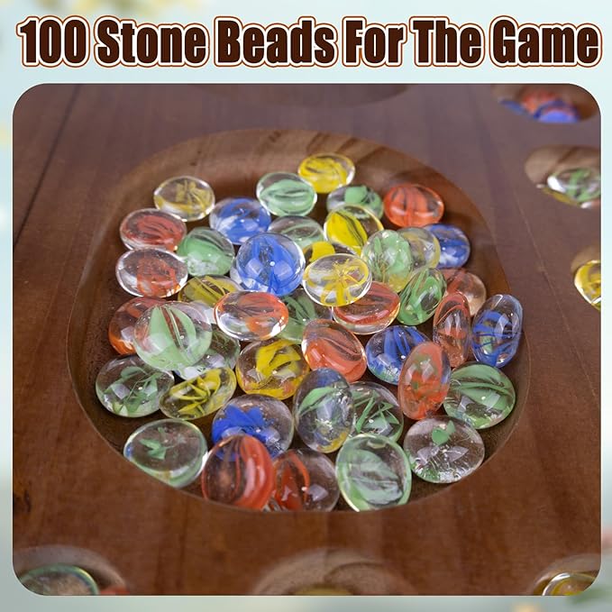 4 Player Wooden Mancala Board Game,4 Player Mancala Board Game Set, Great Glass Beads,Classic & Portable Marble Game for Family Game Night and Travel Game