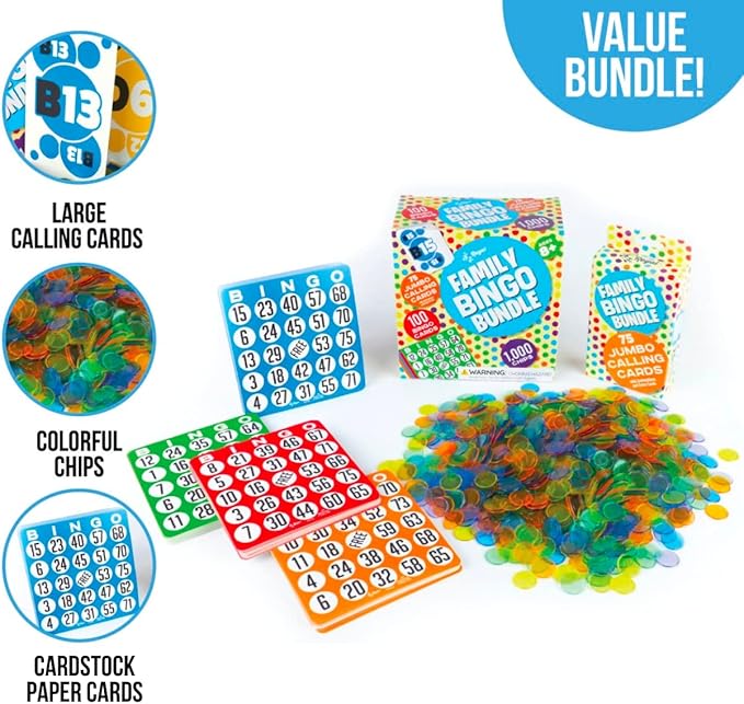 Regal Bingo Family Bingo Bundle Set with 100 Classic Bingo Cards, 75 Jumbo Calling Cards & Bingo Chips 1000 Pcs