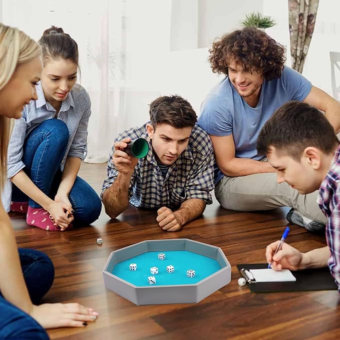 Dice Rolling Tray, Blue Felt Lined PU Leather Octagon Dice Tray for Dungeon Crawler Games