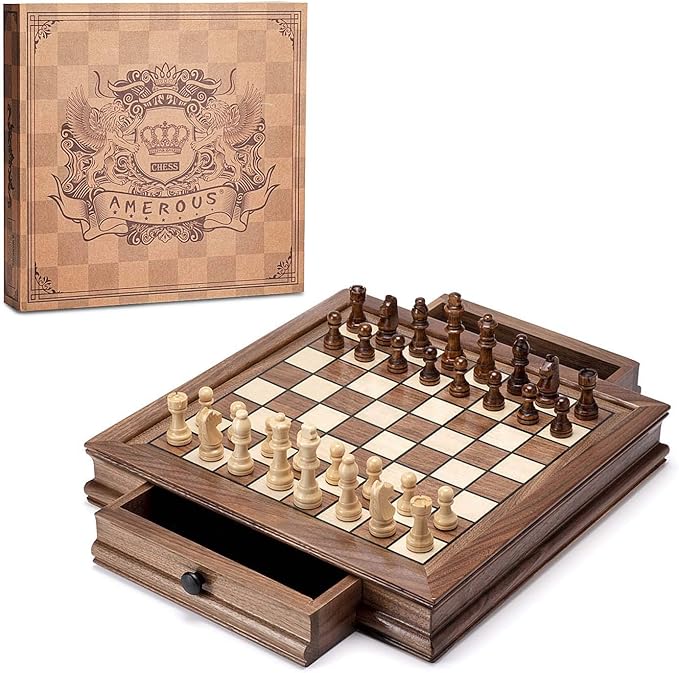 AMEROUS Magnetic Wooden Chess Set, 12.8" x 12.8" Walnut Chess Board Game with 2 Built-in Storage Drawers - 2 Bonus Extra Queens - Chess for Beginner, Kids and Adults, Gift Packaging