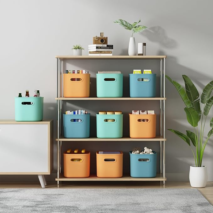6 Pack Colorful Storage Bins with Lids Stackable Storage Container for Organizing, Storage Boxes with Handle for Shelves, Cute Storage Bin for Craft, Snacks, 9.85x6.9x5.7 inch