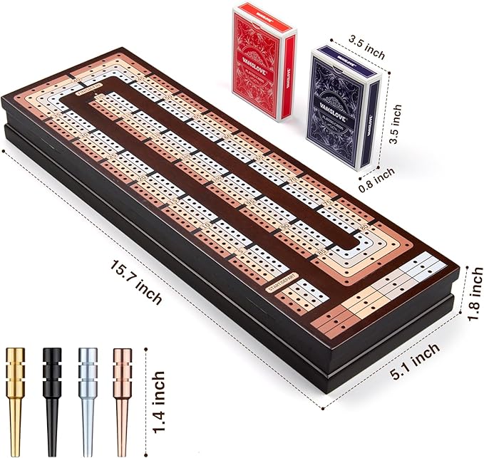 VAMSLOVE Upgraded Wooden 4-Track Cribbage Board Game Magnetic Scoreboard with Large Slots for Storing 2 Playing Cards and 12 Metal Pegs, Travel Family Game Night (Instruction Included)