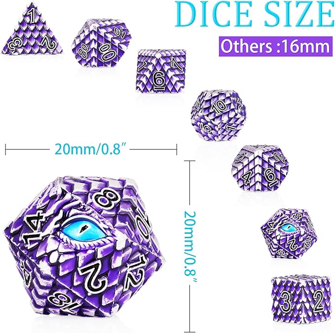 Metal Dice Set D&D,7 PCS Dragon Scale Metallic DND Dice Set,Dragon Eye Metal Dice with Grogeous Gift Case for Dungeons and Dragon Tabletop Game (Purple Dragon Scale & Blue Eye)