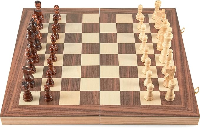 AMEROUS 15'' Wooden Chess & Checkers Set, 2 in 1 Board Games -2 Extra Queens -24 Cherkers Pieces - Gift Box Packed - Chessmen Storage Slots, Beginner Chess Set for Kids and Adults
