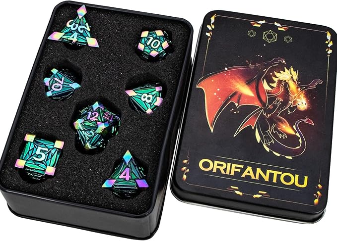 7PCS Metal DND Dice Set with Box, Debris RPG Red D and D Dice for use with D&D Tabletop Games Role Playing Game Polyhedral Dice Set D20 D12 D10 D8 D6 D4