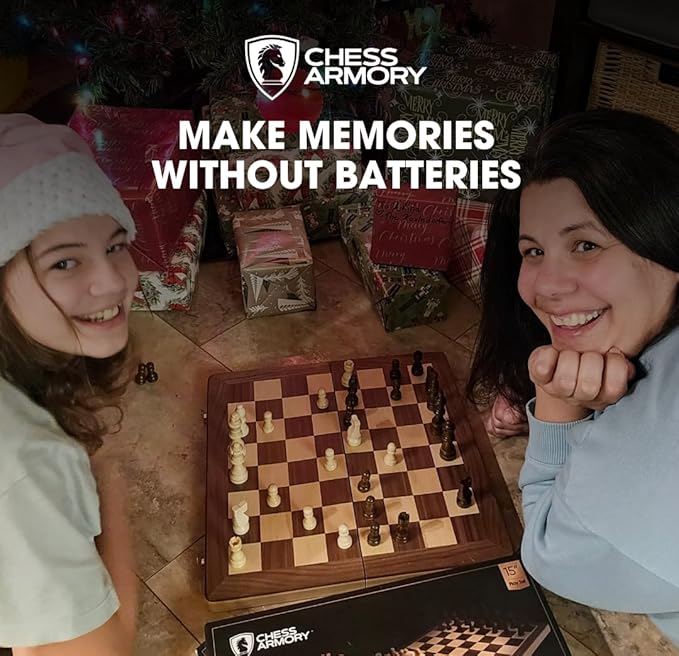 Chess Armory Wooden Chess Set 15 Inch - Classic Handcrafted Game Board for Adults and Kids with Extra Queen Pieces and Storage Box - Ideal for Home and Travel - Non-Magnetic
