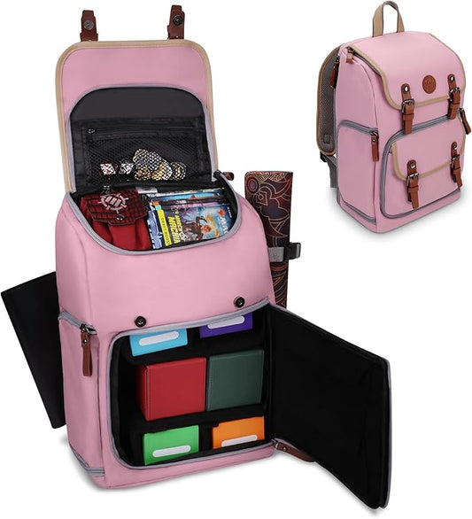 ENHANCE Mid-Size Trading Card Storage Box Backpack for Playing Card Case - Card Binder Space, TCG Deck Box Storage, Playmat Holder - Compatible with Magic the Gathering, YuGiOh, DnD (Pink)