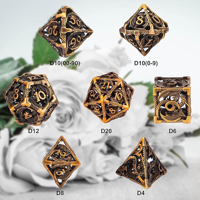DND Dice,Hollow D&D Metal Dice,Dungeons and Dragons Dice Set with Gift Box,7 PCs Steampunk Polyhedral Dice Games Set for RPG,MTG,Pathfinder,(Dragon Ancient Golden)