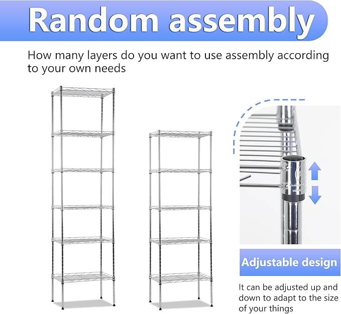 BestOffice Metal Garage Shelving 6 Tiers Garage Storage Shelves Heavy Duty 17”D x 12”W x 64”H Easy Assemble Wire Shelving NSF Certified Storage Shelves with Levling Feet for Home Garage Office, Chrome