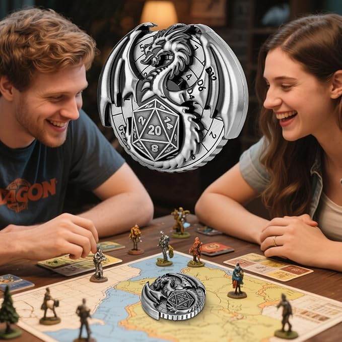 Spinner DND Dice Set, 7-in-1 Fingertip Gyro Metallic DND Dice, DND Starter Set, Dragon Dice Spinner for DND Dice Set, D&D Gifts with Gift Box, Role Playing Game Board Game Accessories, Dark Silver