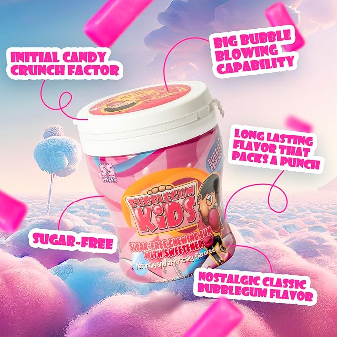 Bubblegum Kids Sugar-Free Gum - Classic Bubblegum Flavor Sugar Free - Bubble Gum for Kids and Adults Craving Nostalgia - Vegan and Kosher Friendly, Parent Approved - Pack of 6