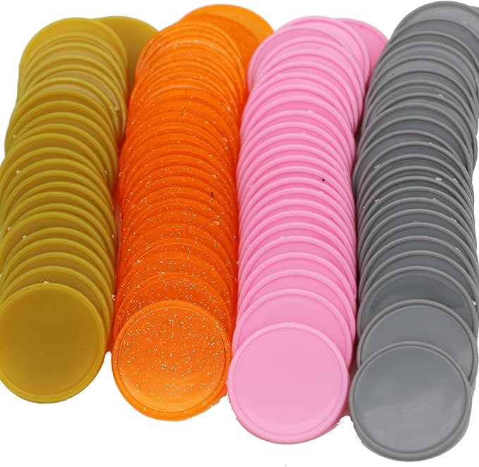 Set of 100 Opaque Plastic Learning Counters Mini Poker Chips Game Tokens with Storage Box (Goldenrod+Pink+Gray+Starry Orange, 1.26 Inch)