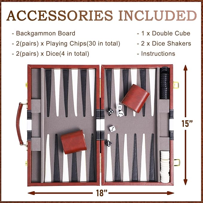 Backgammon Sets for Adults, 15 inch Backgammon Brown Sets Classic Board Game with Premium Leather Case, Portable Travels Strategy Backgammon Game Set for Adults, Kids (Brown)