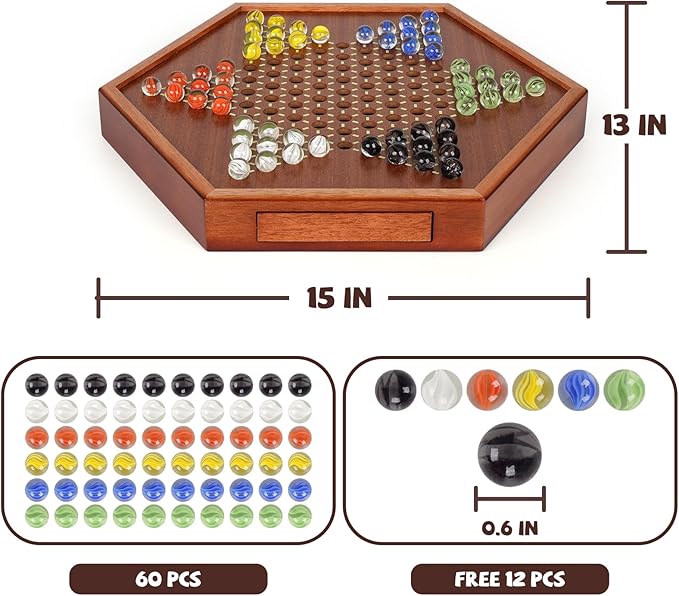 Luxurious Large 15-Inch Chinese Checkers Set - Premium Wooden Board Game for Adults and Kids with 72 Vibrant Glass Marbles, Dual-Sided Storage Drawer - Perfect for Family Strategic Game Fun Collectors