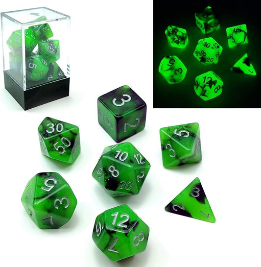 Bescon Two-Tone Glow-in-The-Dark Polyhedral Dice Set Spooky Rocks, Luminous RPG Dice Set d4 d6 d8 d10 d12 d20 d% Brick Box Pack