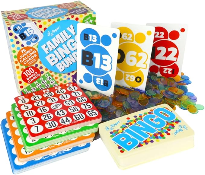 Regal Bingo Family Bingo Bundle Set with 100 Classic Bingo Cards, 75 Jumbo Calling Cards & Bingo Chips 1000 Pcs