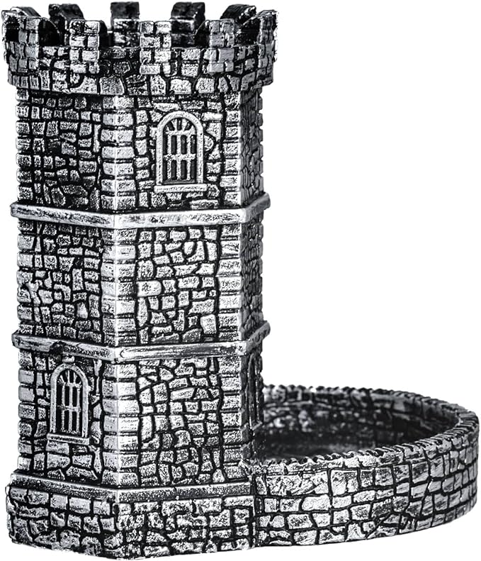 Castle Dice Tower with Tray, Wall Carving Dice Rolling Tray for Dungeons and Dragons | Easy Roller Perfect for Board Game, D&D and RPG, (Ancient Silver)