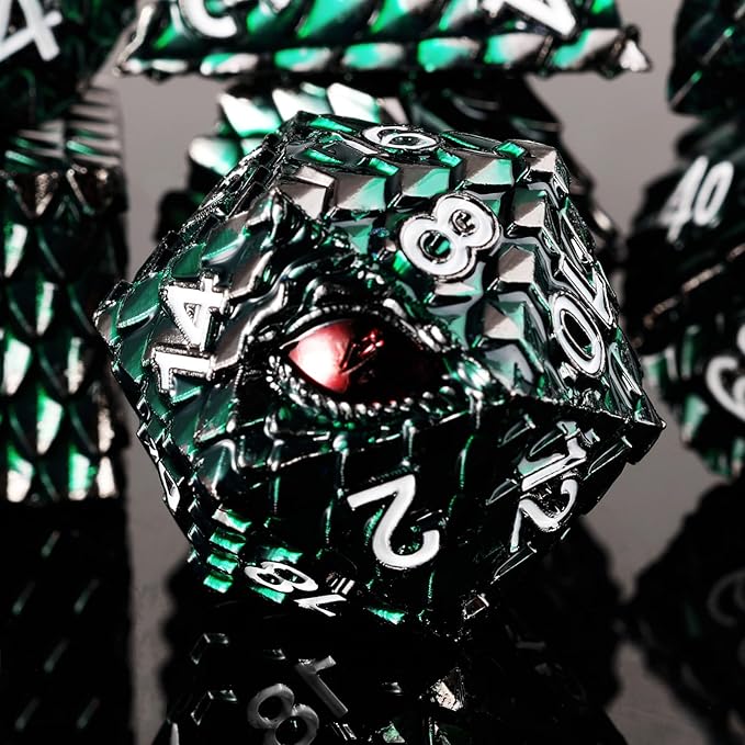 Metal Dice Set D&D,7 PCS Dragon Scale Metallic DND Dice Set,Dragon Eye Metal Dice with Grogeous Gift Case for Dungeons and Dragon Tabletop Game (Dark Green Dragon Scale & Red Eye)