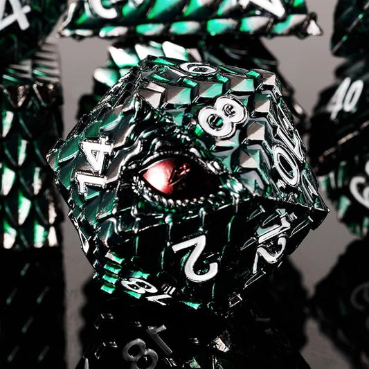 Metal Dice Set D&D,7 PCS Dragon Scale Metallic DND Dice Set,Dragon Eye Metal Dice with Grogeous Gift Case for Dungeons and Dragon Tabletop Game (Dark Green Dragon Scale & Red Eye)