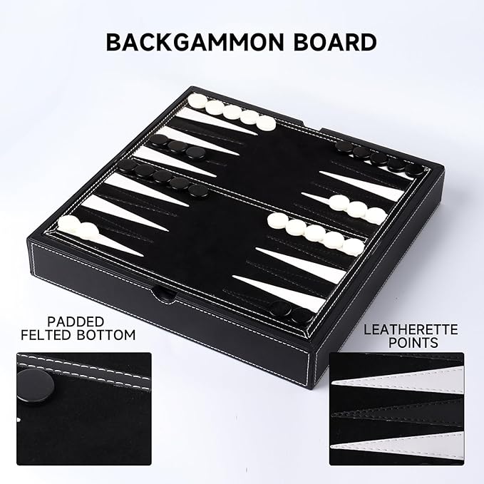 GSE Games & Sports Expert 12.5" Premium Leather 3-in-1 Chess, Checker and Backgammon Board Game Combo Set, Classic Board Strategy Game for Kids & Adults