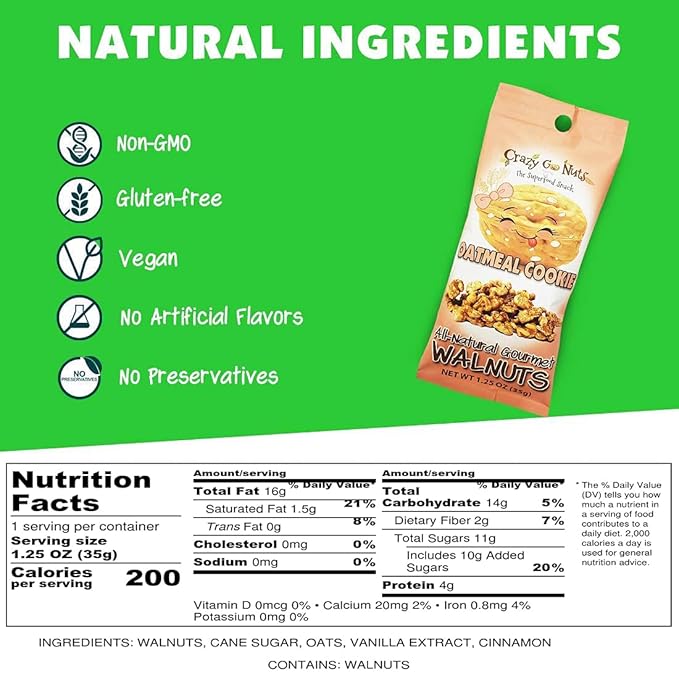 Crazy Go Nuts Walnuts - Oatmeal Cookie, 1.25 oz (6-Pack) - Healthy Snacks, Vegan, Gluten Free, Superfood - Natural, Non-GMO, ALA, Omega 3 Fatty Acids, Good Fats, and Antioxidants