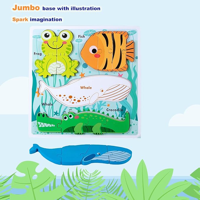 Wooden Creature Puzzles for Toddlers 2-4,Toddler Puzzle Ages 1-3, Montessori Educational Toys for 2 3 Years Old, Wood Learning Gifts for Preschool Kids Boys Girls