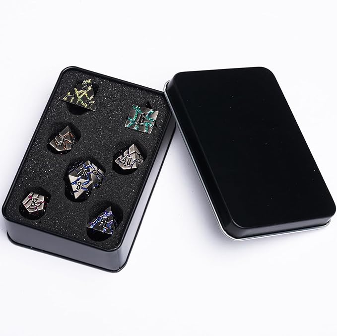 Metal Dice Set D&D,Crack Metallic DND Dice Set with Box, Metal Glitter RPG Dice for Dungeons and Dragons Table Game(Antique Nickel 7 Colors)